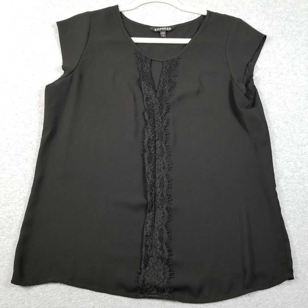 Express Blouse Women's Small S Black Sheer Lace Trim Cap Sleeve Chiffon Top Thin